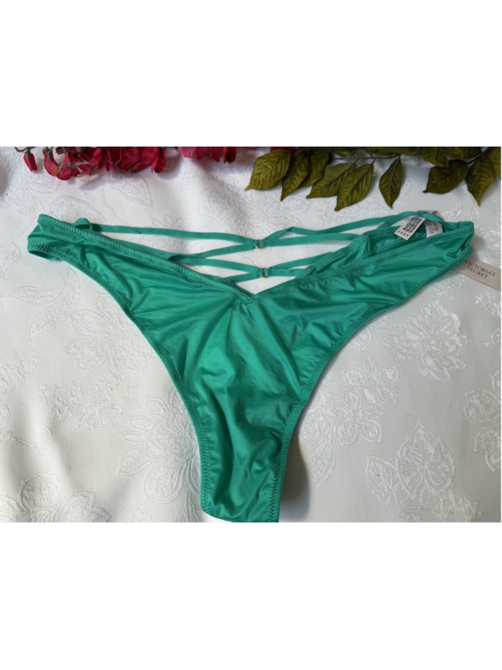 VICTORIA'S SECRET XL GREEN SILKY CUT OUT STRAPPY HI LEG THONG TANGA PANTIES NWT